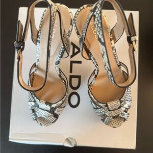 ALDO Snake Print Ankle Strap Stiletto Platform Heels open toe US 10